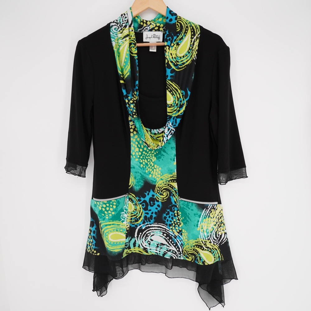 Joseph Ribkoff Blouse Womens 14 Black Cowl Neck 3/4 Sleeve Shark Bite Hem Zipper - Picture 6 of 8